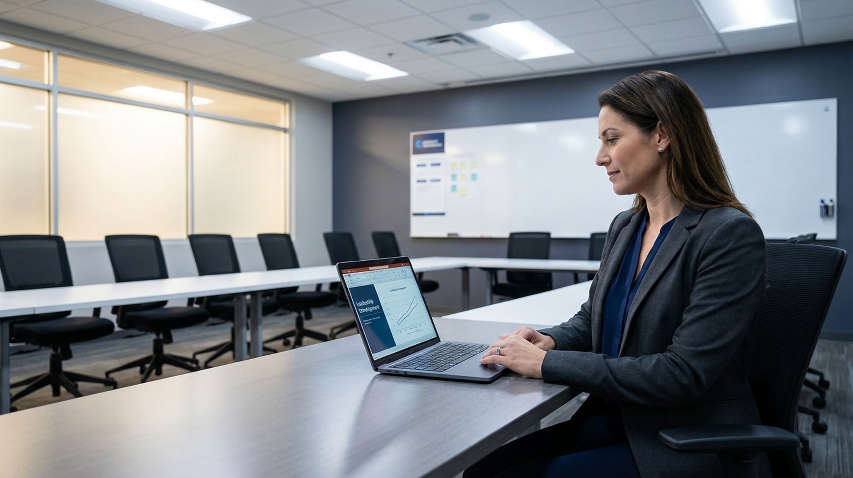 Corporate training classroom with learner at computer