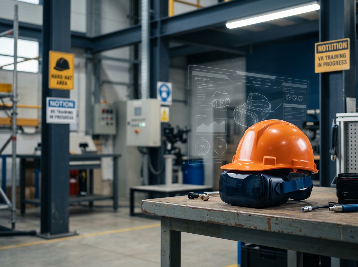 Workers using immersive training technology in an industrial setting