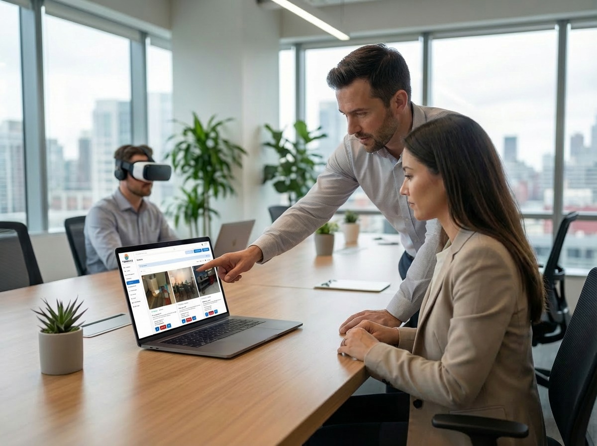 Team collaborating on immersive training platform with VR headset in a modern office